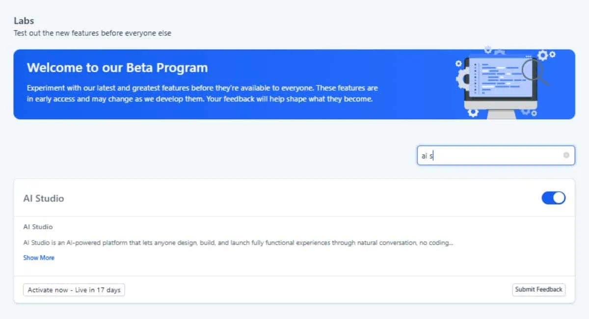 GoHighLevel AI Studio enabled in HighLevel Labs settings