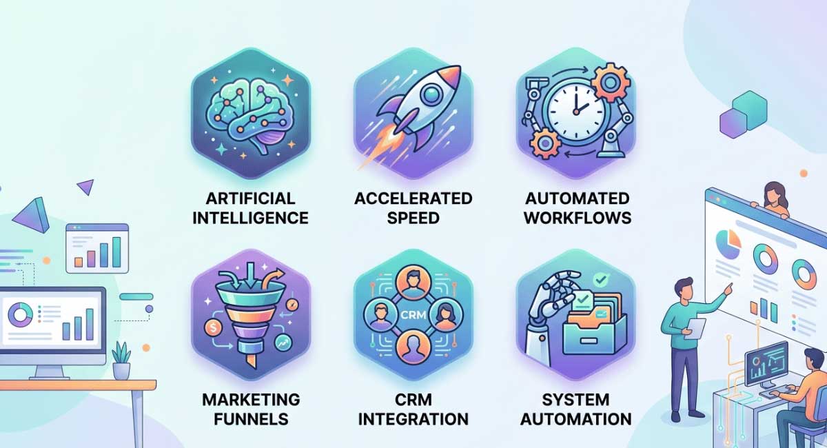 GoHighLevel AI Studio features including AI generation automation and funnel builder