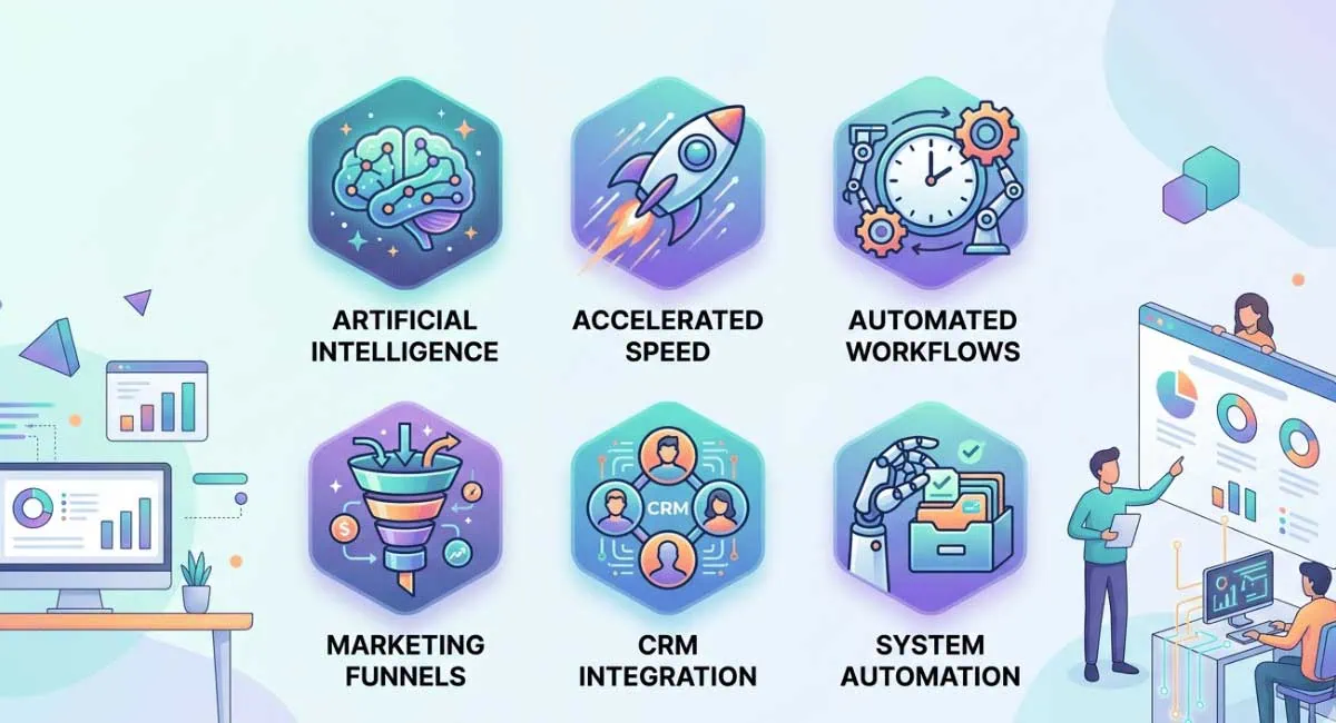 GoHighLevel AI Studio features including AI generation automation and funnel builder
