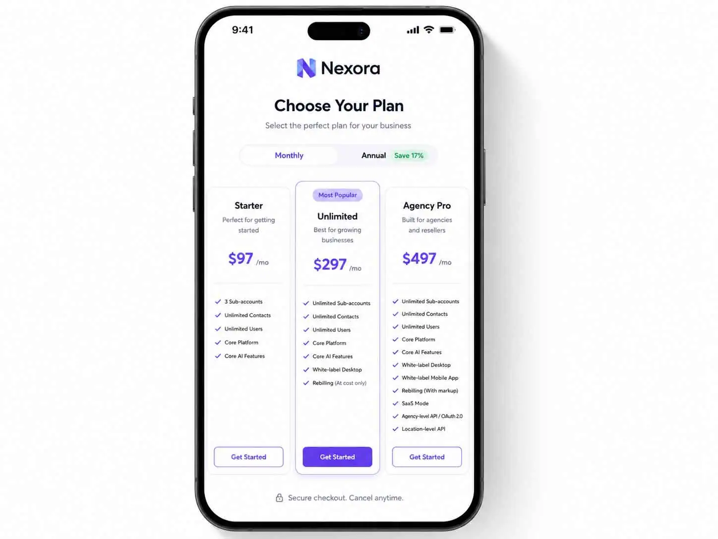 GoHighLevel pricing comparison table — Starter vs Unlimited vs Agency Pro 2026